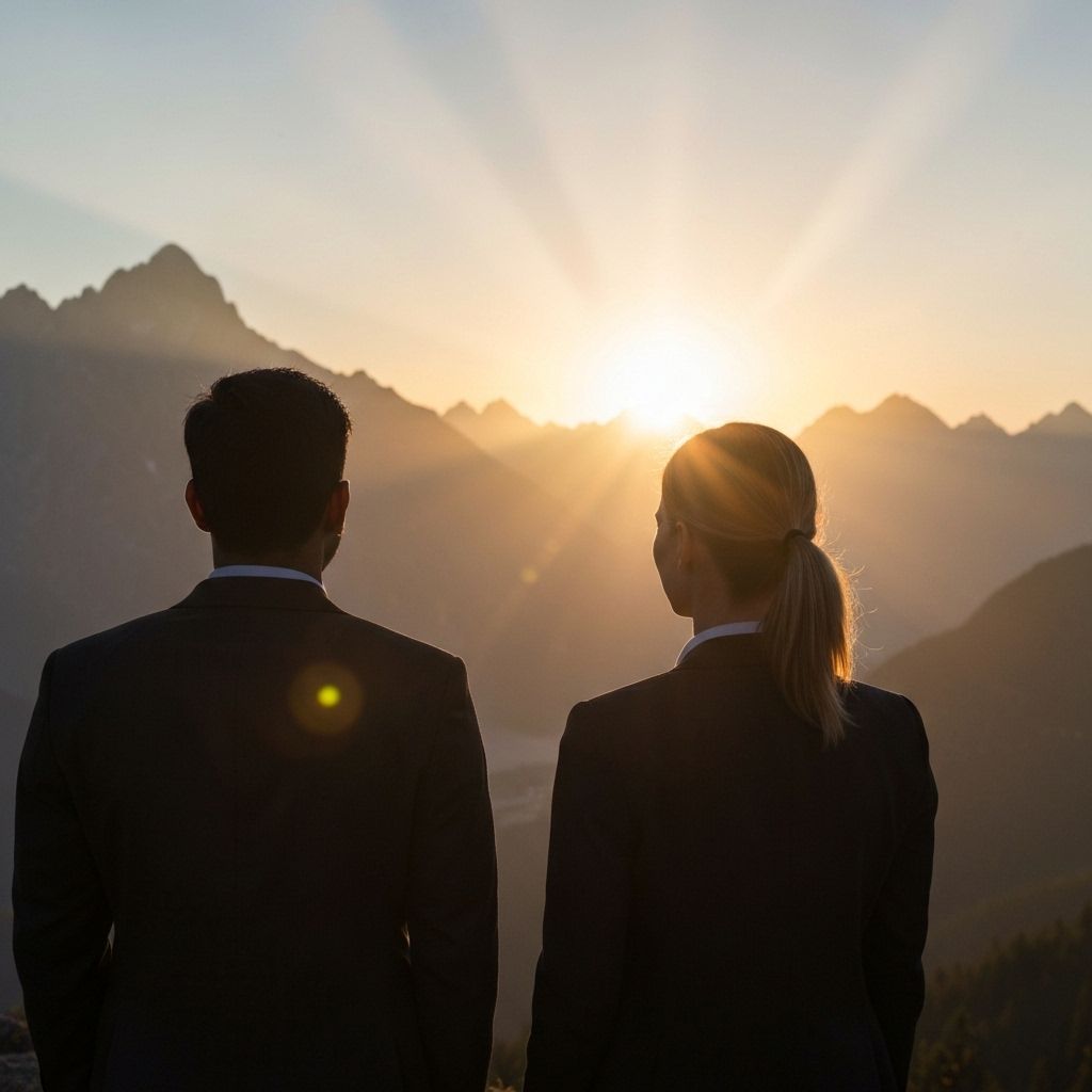 Two people looking toward the horizon, representing Trilux Tech's journey and vision
