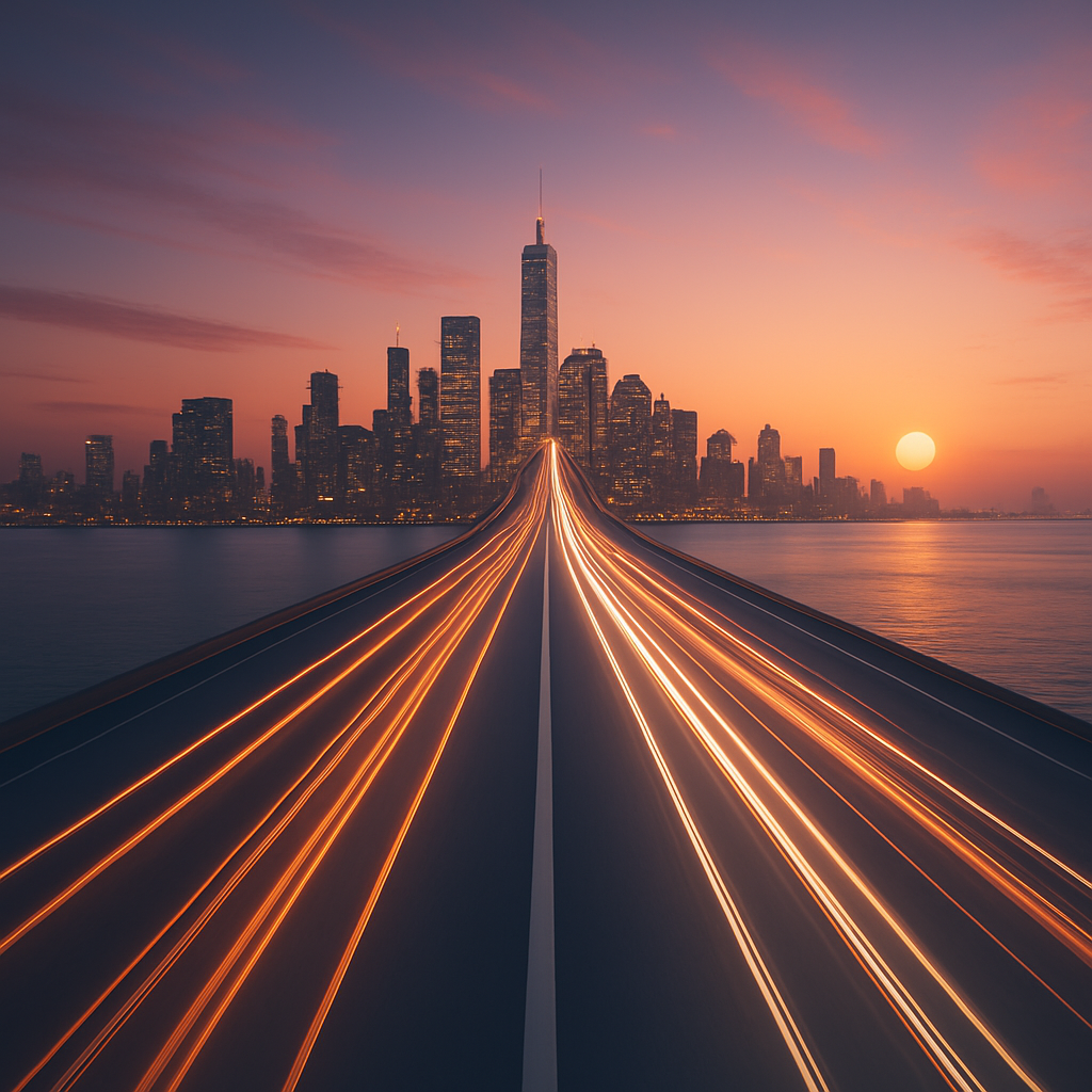 Digital transformation journey - cityscape with light trails symbolizing progress and innovation